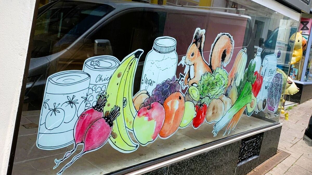 Custom Design Hand-Drawing Style Window Graphic With Groceries, Fruit, Vegetables &amp; Squirrel.jpg
