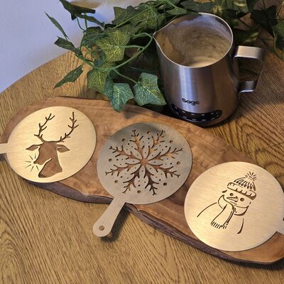 Pack of 3 Christmas Coffee Stencils - 1mm Stainless Steel 304 2B Coffee Stencil (Food Grade Stainless Steel) - Christmas Stainless Steel Coffee Stencils