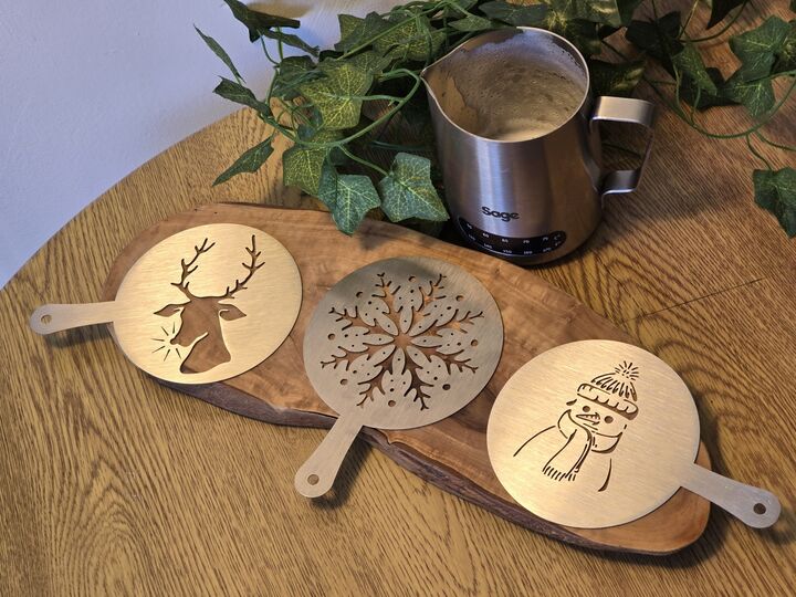 Pack of 3 Christmas Coffee Stencils - 1mm Stainless Steel 304 2B Coffee Stencil (Food Grade Stainless Steel) - Christmas Stainless Steel Coffee Stencils