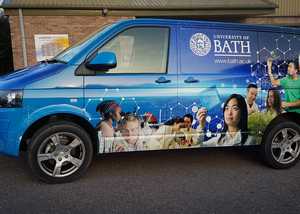 A van for the University of Bath, fully vinyl wrapped with images and text