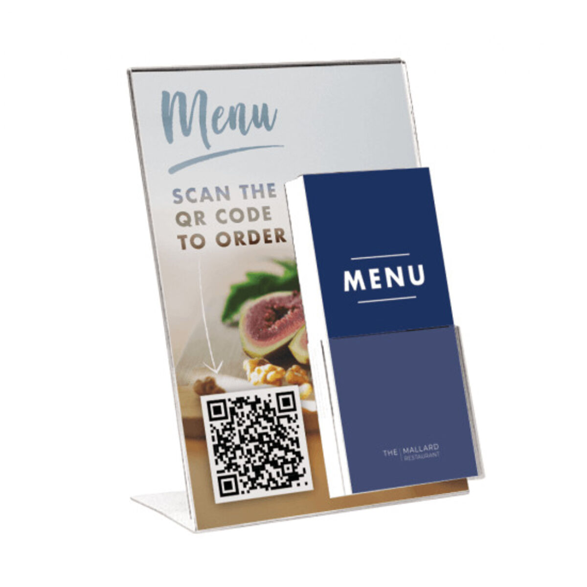 A4 Poster Holder with Leaflet Dispenser and QR code menu insert.png