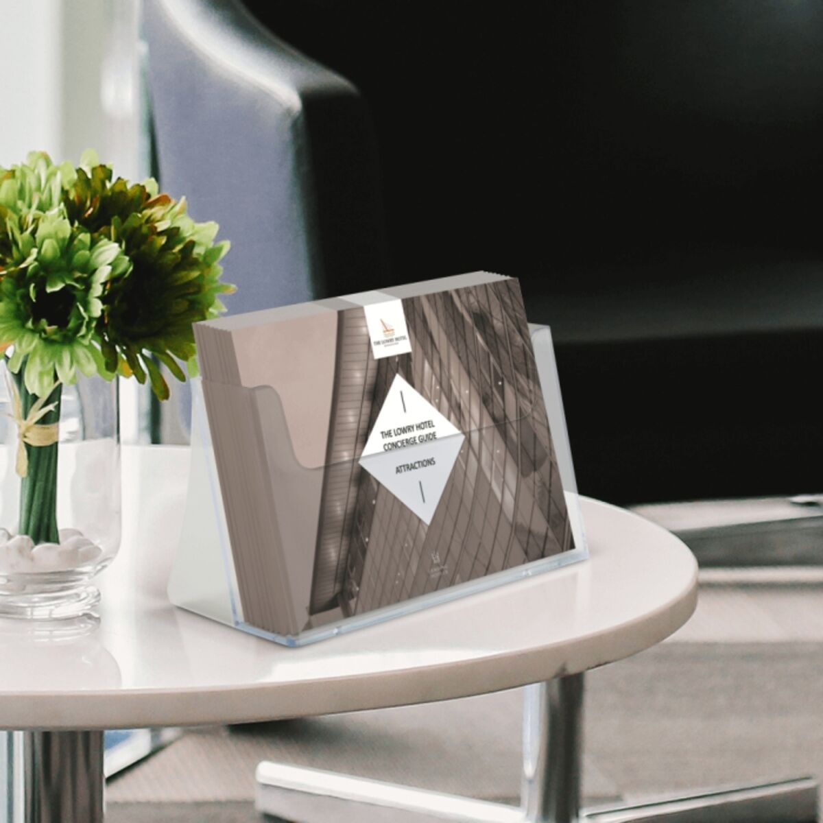 A5 landscape leaflet holder displayed in a lobby.png