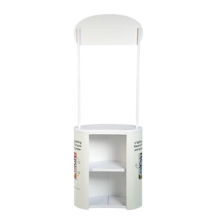 Back view of the Finesse2 promotional display counter with header and poles including storage shelf..jpg