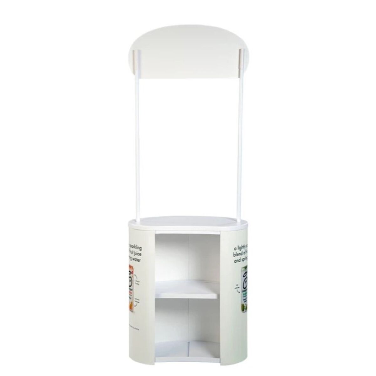 Back view of the Finesse2 promotional display counter with header and poles including storage shelf..jpg