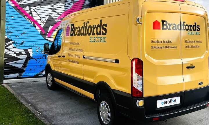 Van Signwriting for Bradfords Building Supplies New Ford E-Transit | Full Colour-Change Wrap & Branding Graphics