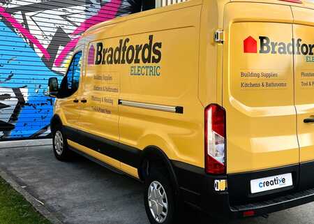 Van Signwriting for Bradfords Building Supplies New Ford E-Transit | Full Colour-Change Wrap & Branding Graphics