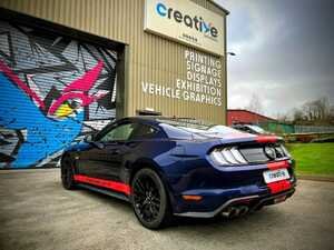 Custom Gloss Red Stripes on Dark Blue Gloss Mustang GT with Door Decals Rear View Custom Gloss Red Stripes on Dark Blue Gloss Mustang GT with Door Decals Rear View