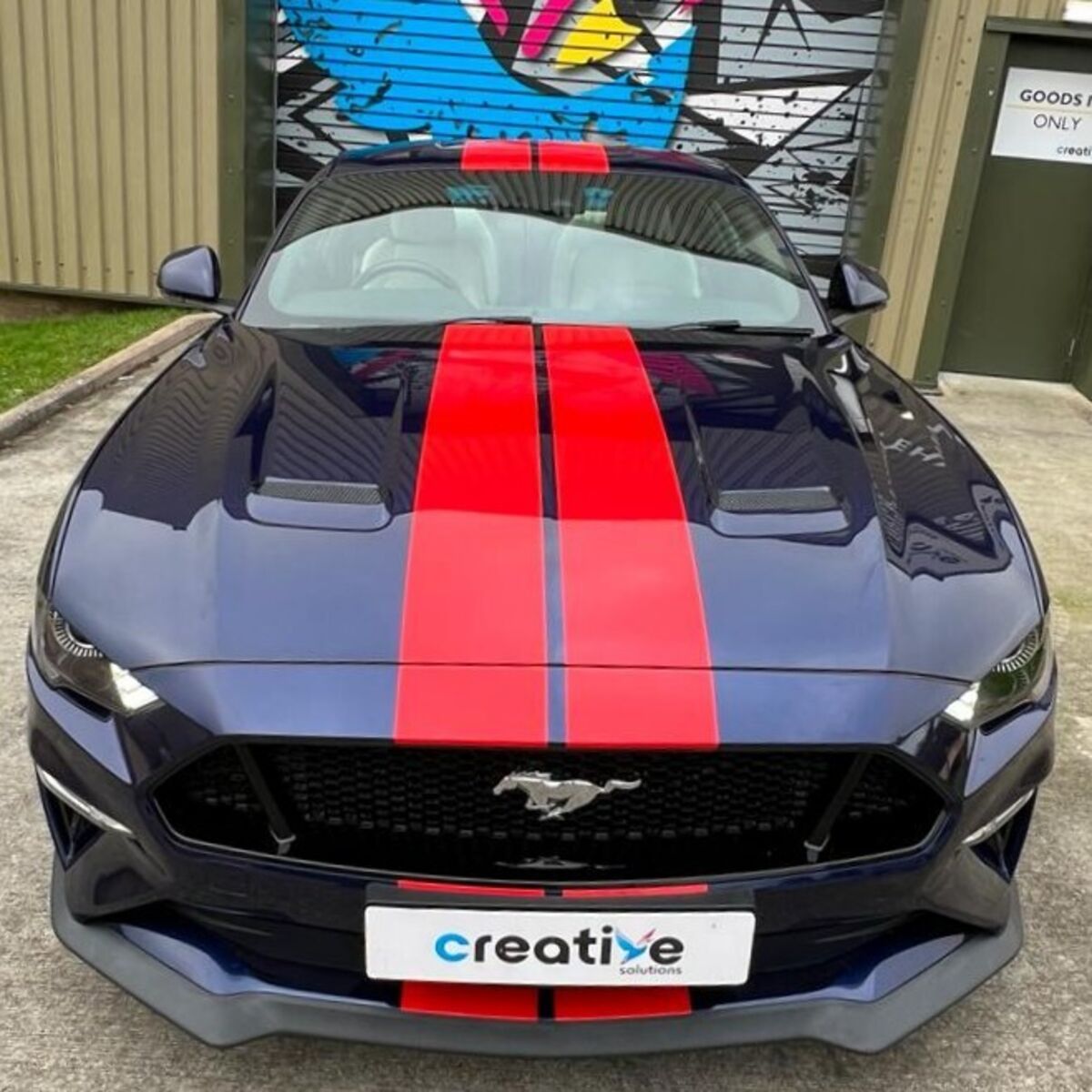 Custom Gloss Red Stripes on Dark Blue Mustang GT - Bonnet View.jpg
