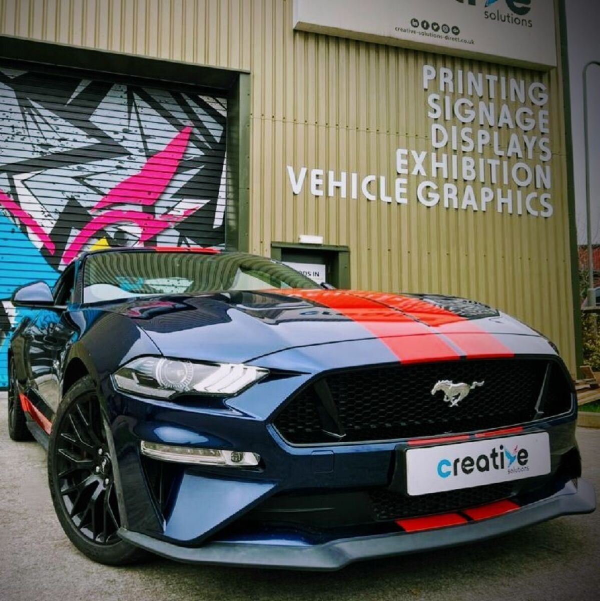Custom Gloss Red Stripes on Dark Blue Mustang GT - Hero Image - Front View.jpg