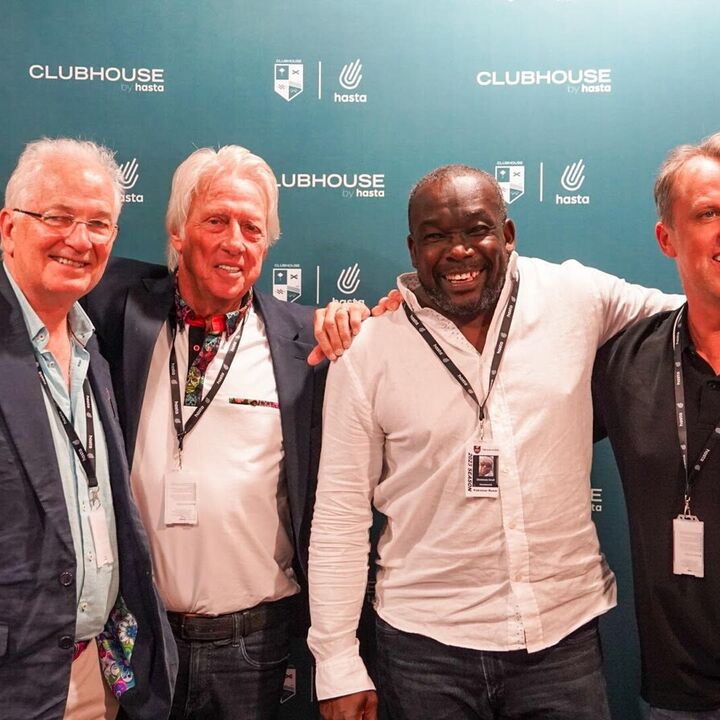 David Gower (England), Jeff Thomson (Australia), Gladstone Small (England), Graeme Swann (England) infront of a Formulate Fabric Display Stand at The Ashes, Kia Oval 2023.jpg