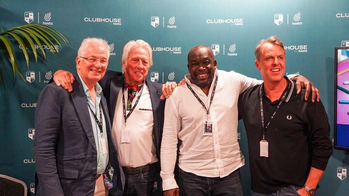 David Gower (England), Jeff Thomson (Australia), Gladstone Small (England), Graeme Swann (England) infront of a Formulate Fabric Display Stand at The Ashes, Kia Oval 2023.jpg