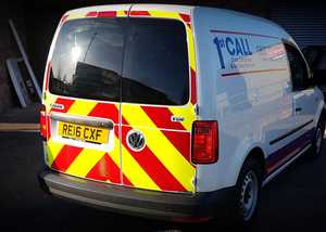 Reflective graphics on rear opening van doors Reflective graphics on rear opening van doors