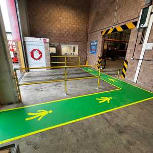 Printed Vinyl Walkway in Operations Area, Safety Wall Signage and Chevron Marking Doorway Printed Vinyl Walkway in Operations Area, Safety Wall Signage and Chevron Marking Doorway