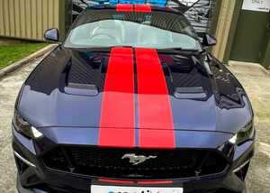 Custom Gloss Red Stripes on Dark Blue Mustang GT - Bonnet View Custom Gloss Red Stripes on Dark Blue Mustang GT - Bonnet View