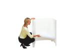 Lady adding a storage shelf to the back Demo Center promotional display counter.jpg