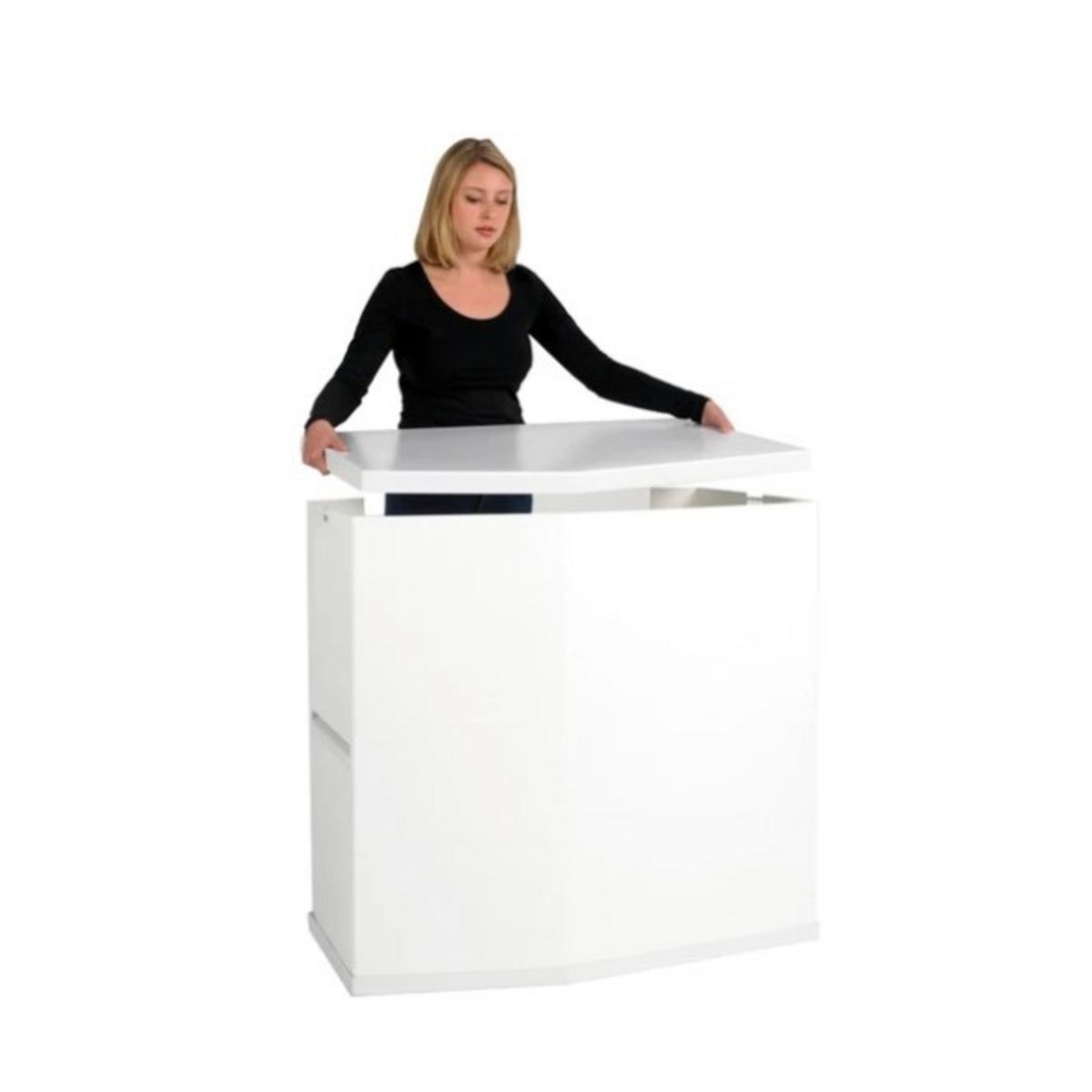 Lady adding Action counter top to the body panel of the promotional display counter..jpg