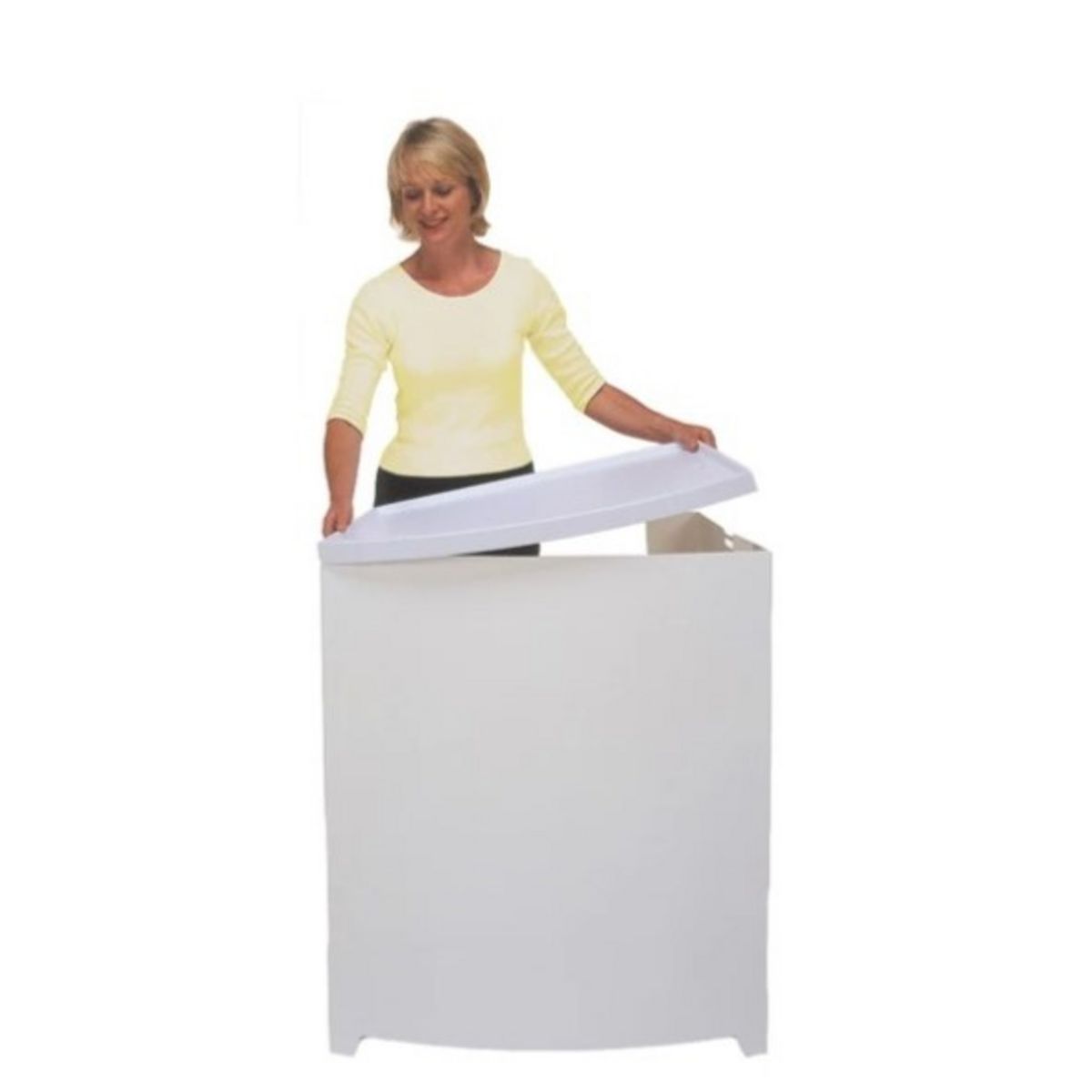 Lady adding the Demo Center counter top to the body panel of the promotional display counter..jpg