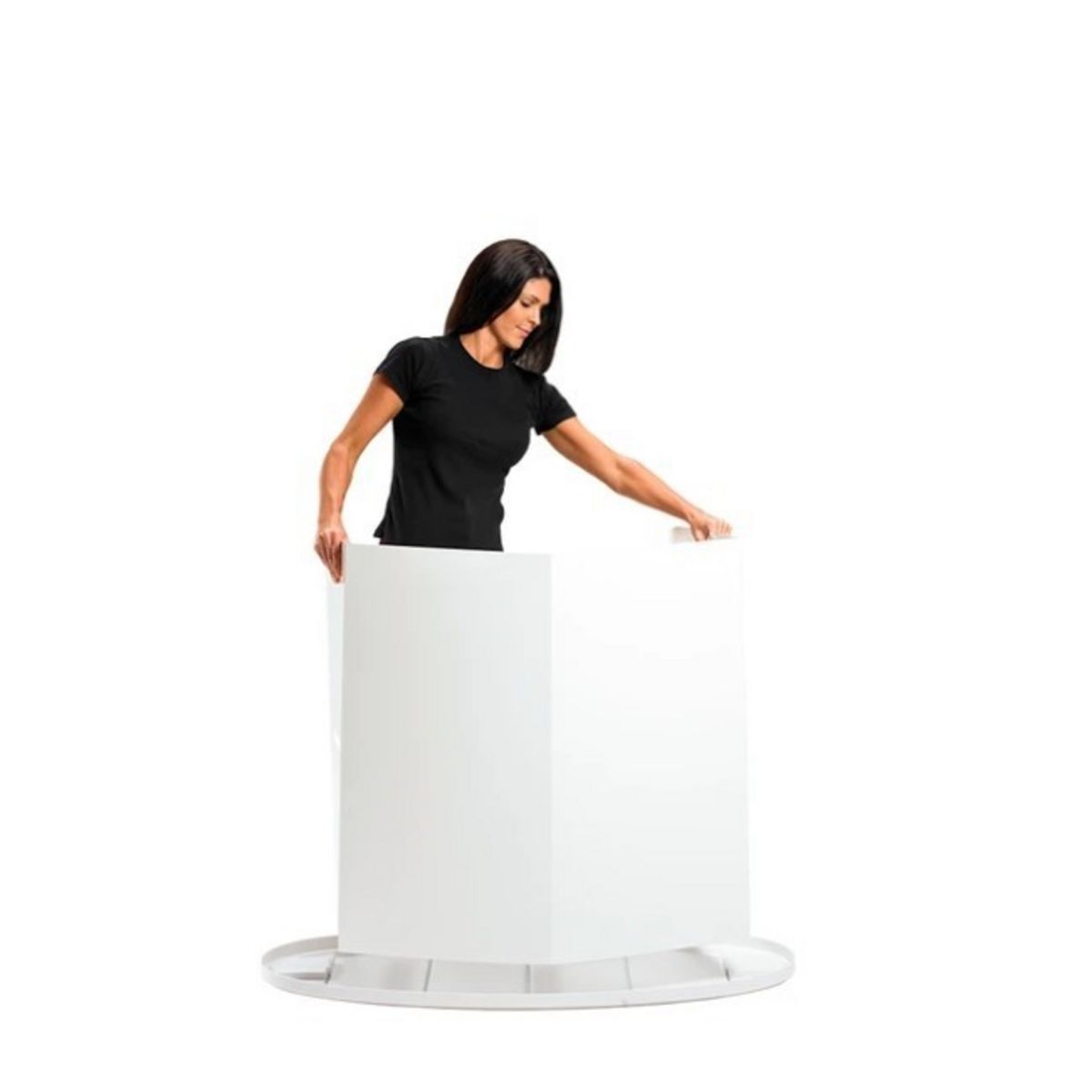 Lady adding the Finesse body panel to the bottom of the promotional display counter. 1.jpg