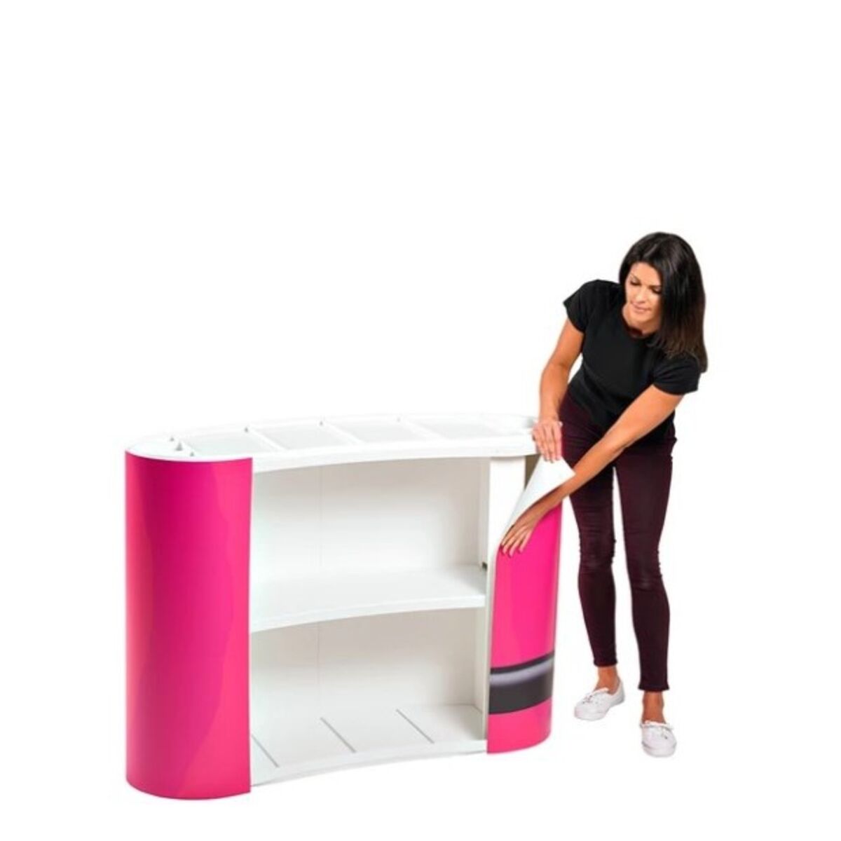 Lady adding the Marvin Magic graphic to the Finesse promotional display counter. 2.jpg