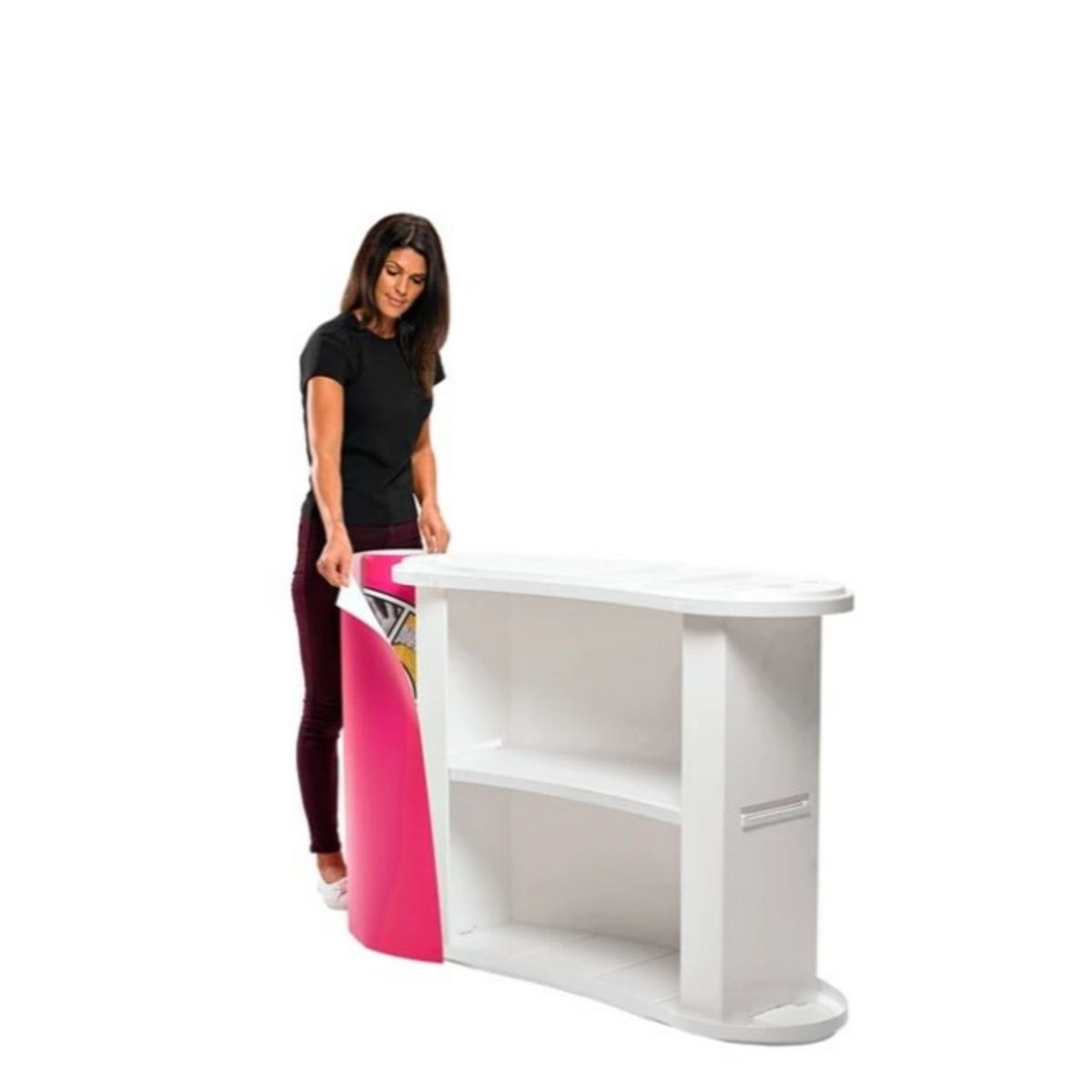 Lady adding the Marvin Magic graphic to the Finesse promotional display counter..jpg