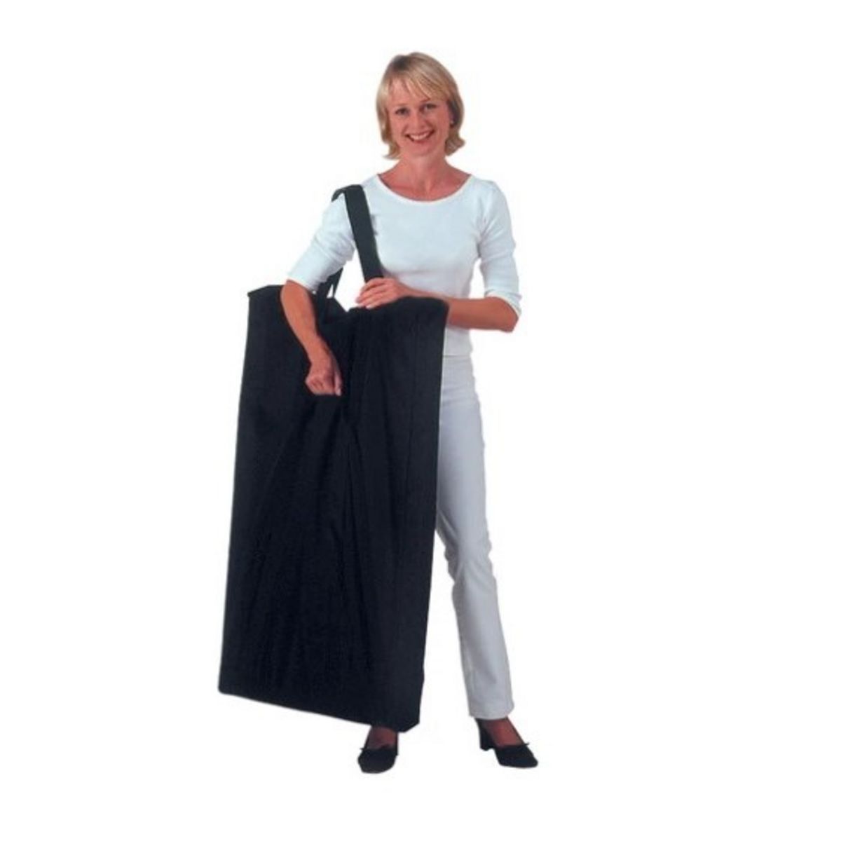 Lady holding carry bag including the Demo Center promotional display counter parts..jpg