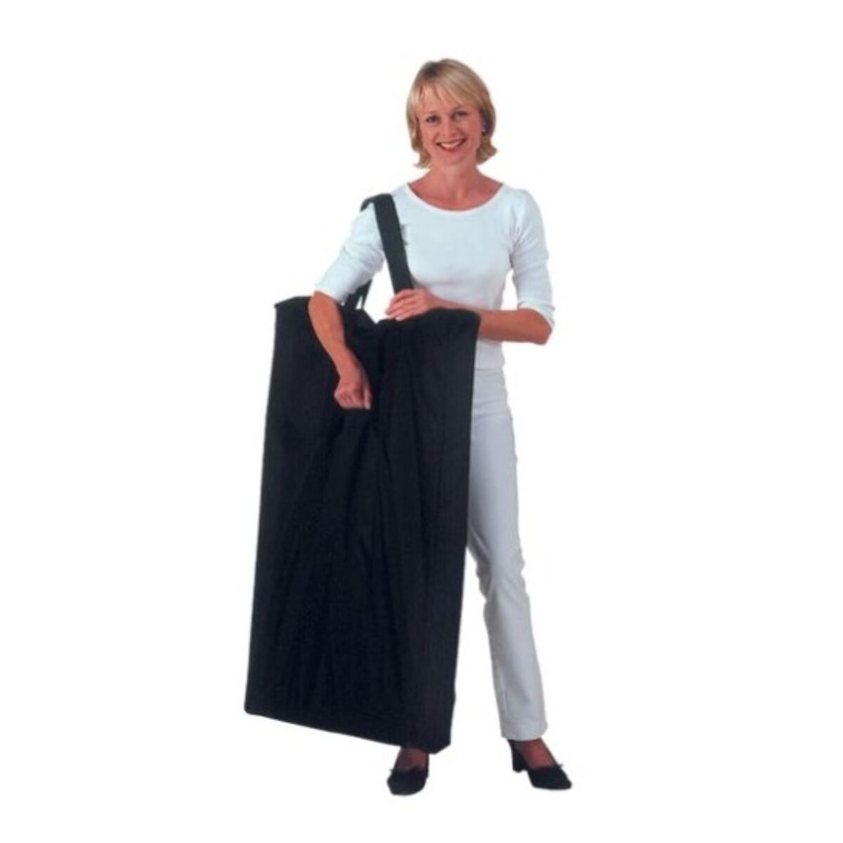 Lady holding carry bag including the Merit promotional display counter parts..jpg