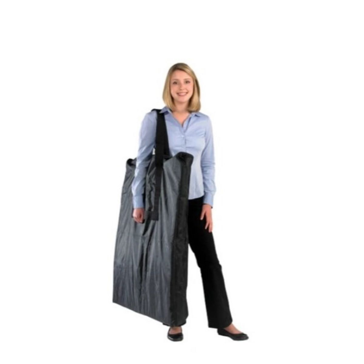 Lady holding carry bag including the Motion promotional display counter parts.jpg