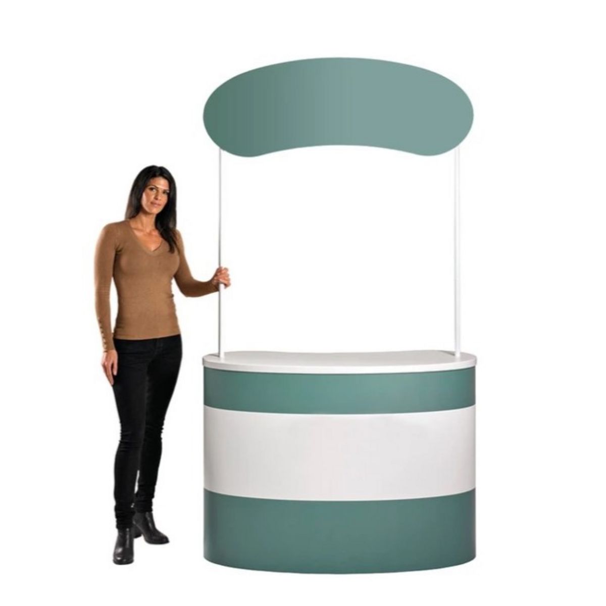 Lady showing the Finesse promotional display counter with the optional poles and header..jpg