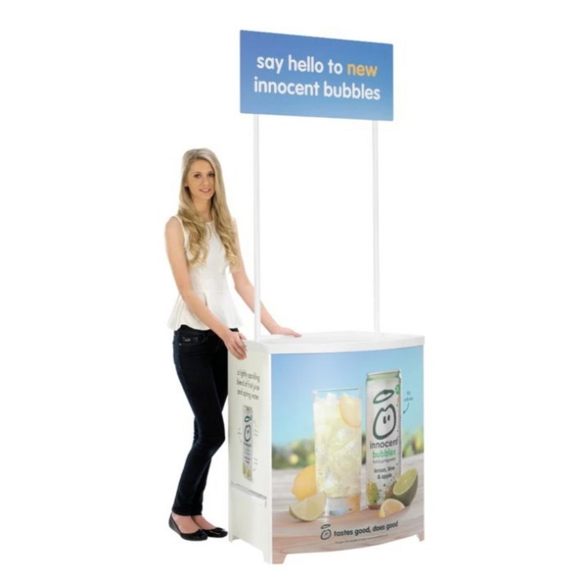 Lady standing next to completed Demo Center promotional display counter.1.jpg