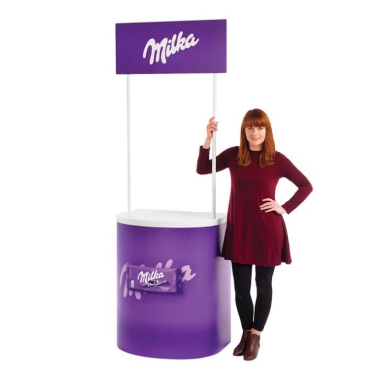 Lady standing next to the completed Rapido promotional display counter with header and poles..jpg