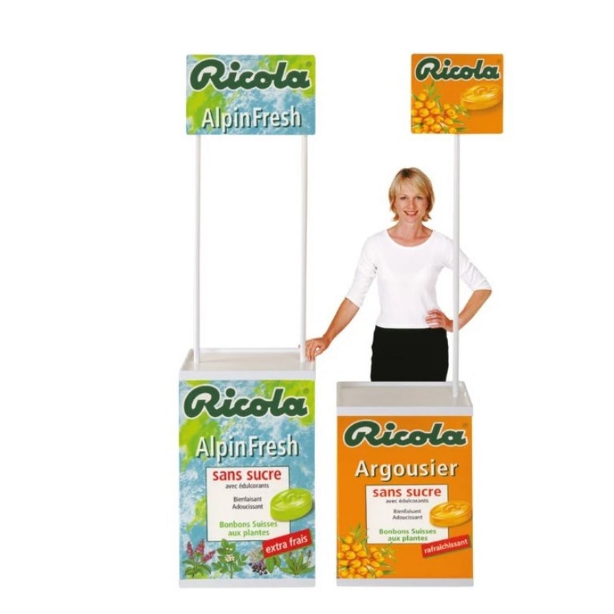 Lady standing next to the Mini 750 and Maxi 900 promotional display counters to show the size comparison.jpg