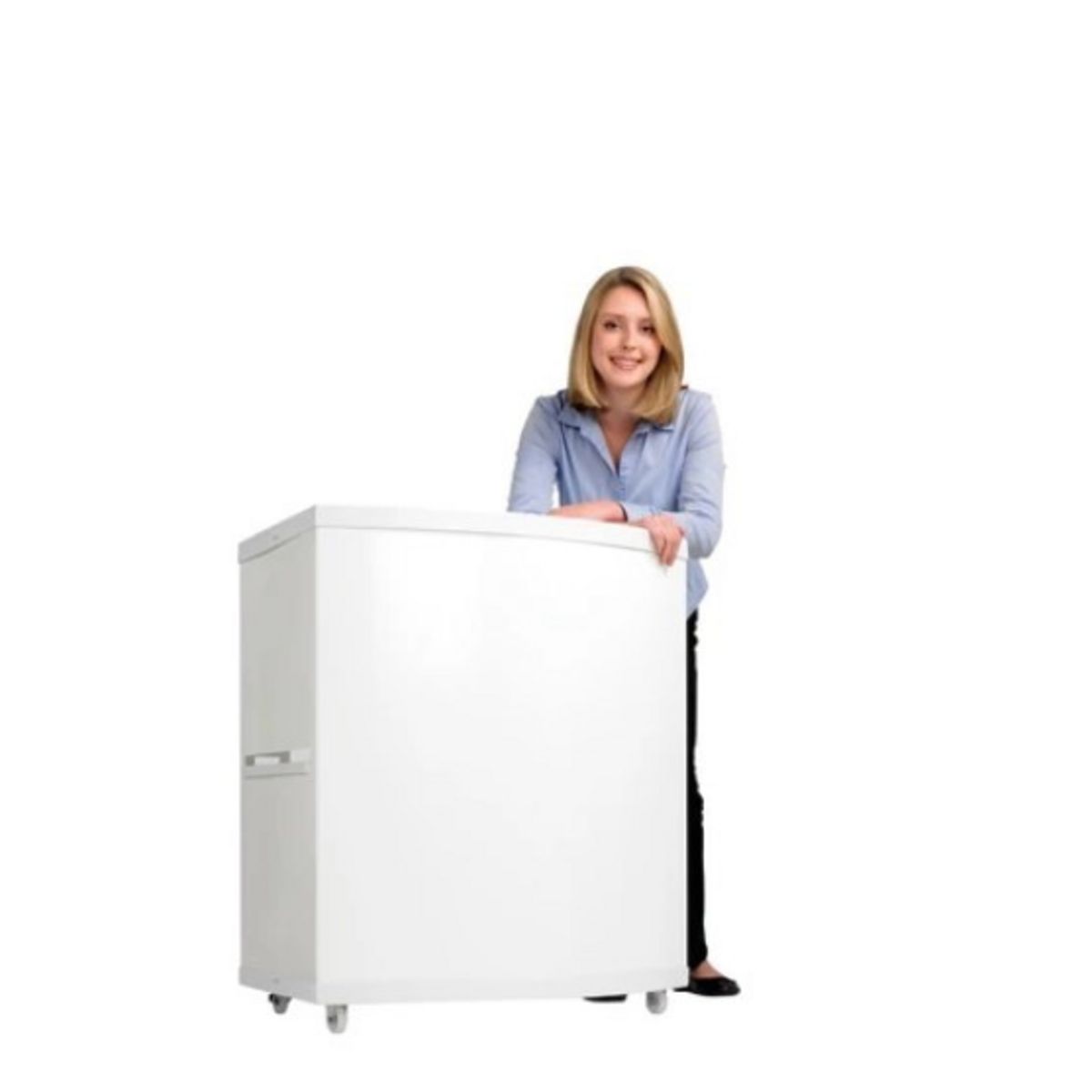Lady standing next to the Motion promotional display counter with wheels..jpg
