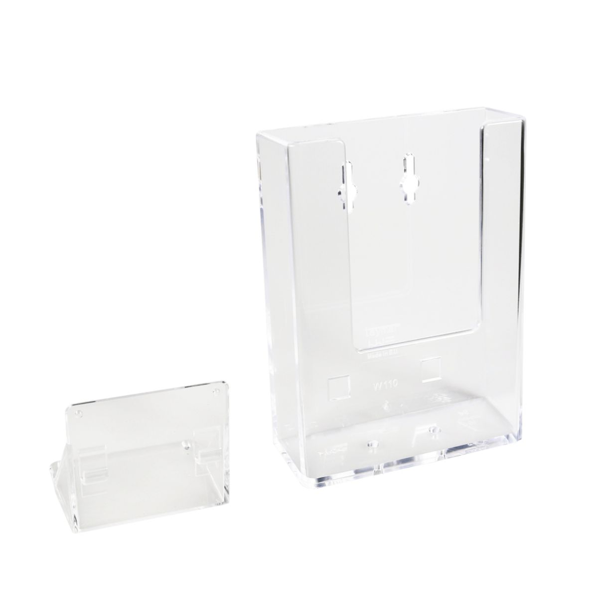 Leaflet holder in portrait orientation, made from clear styrene.png