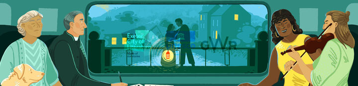 Okehampton featured in folk songs by Sabine Baring-Gould with Sabine Baring-Gould and GWR passengers.png