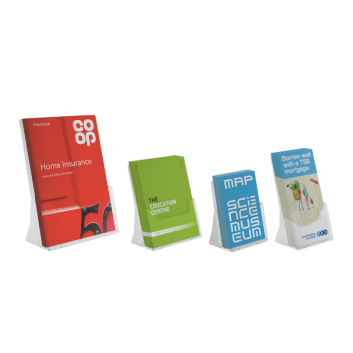 Portrait orientation countertop leaflet holder in various sizes.png