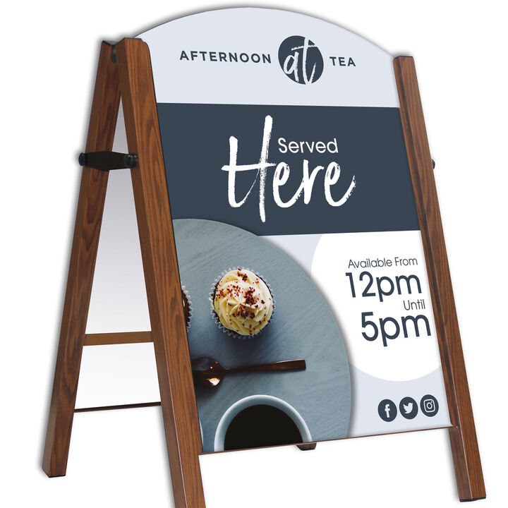Premier A-Board Wood Effect frame with Foam PVC panels showing afternoon tea artwork.jpg