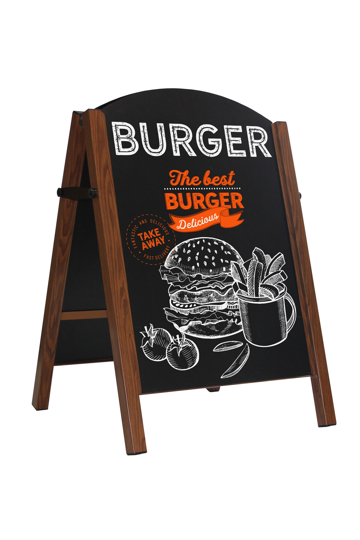 Premier A-Board Wood Effect frame with HPL chalkboard panels showing burger artwork.jpg