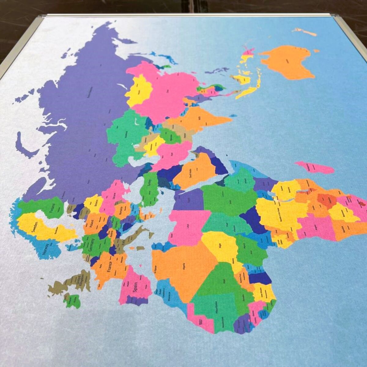 Printed Polycolour Pin Board Notice Board with Colour World Map Aluminium Frame Close Up.jpg