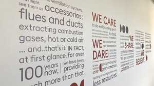 Mission Statement and Company Core Values printed onto vinyl mounted on wall in conference room