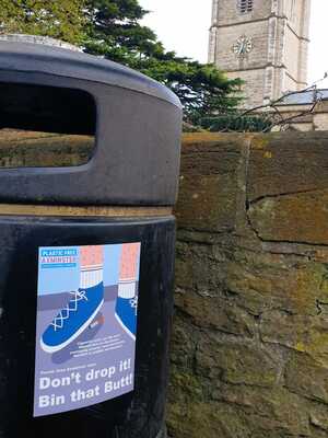 PVC-Free Self-Adhesive Stickers for Plastic Free Axminster 'Bin That Butt!' Campaign PVC-Free Self-Adhesive Stickers for Plastic Free Axminster 'Bin That Butt!' Campaign