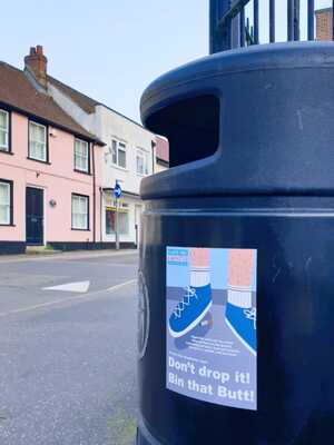 PVC-Free Self-Adhesive Stickers for Plastic Free Axminster 'Bin That Butt!' Campaign PVC-Free Self-Adhesive Stickers for Plastic Free Axminster 'Bin That Butt!' Campaign