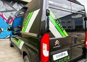 Rear Close-Up Green and Grey Van Branding Graphics for Ben Coath Citroen Relay Van Rear Close-Up Green and Grey Van Branding Graphics for Ben Coath Citroen Relay Van