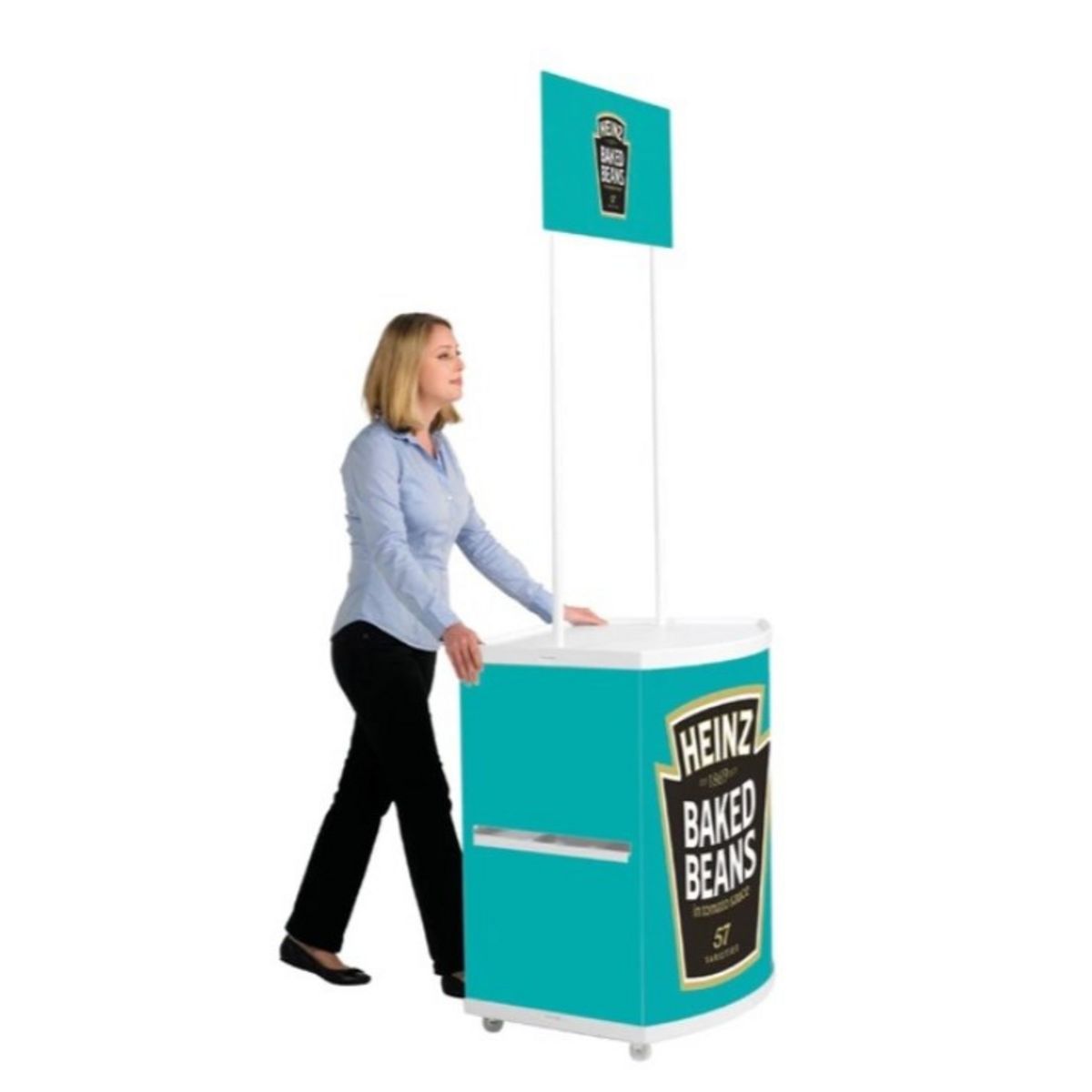 Side view of the Motion promotional display counter with wheels..jpg