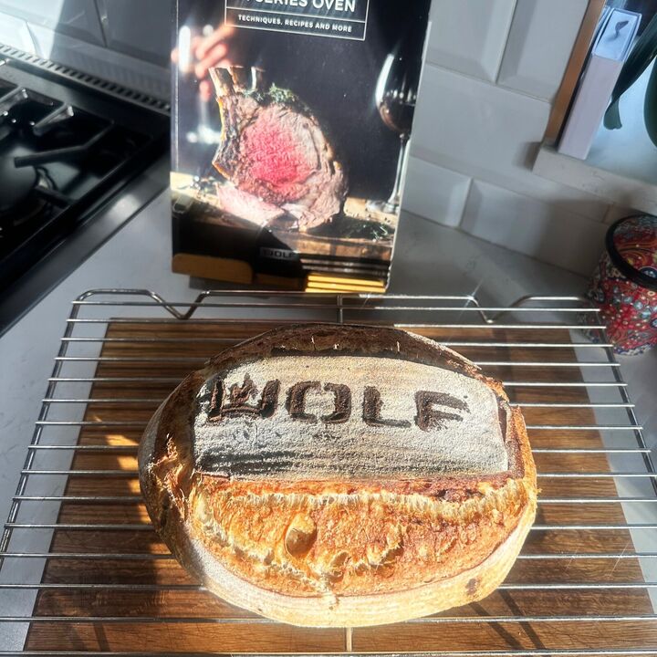 Sub Zero Wolf Custom Made Large Bread Dusting Stainless Steel Logo Stencil on fresh baked bread!.jpg