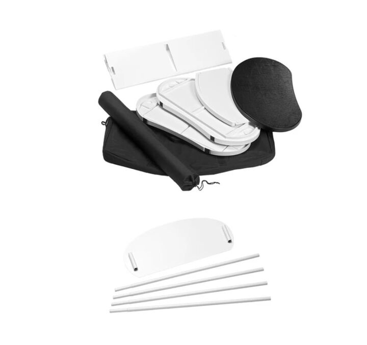 The complete set of Finesse2 promotional display counter parts including outer flat top, inner top, shelf, bottom, body panel, carry bag, graphic tube and bag, pole set (four pieces) T and header..jpg