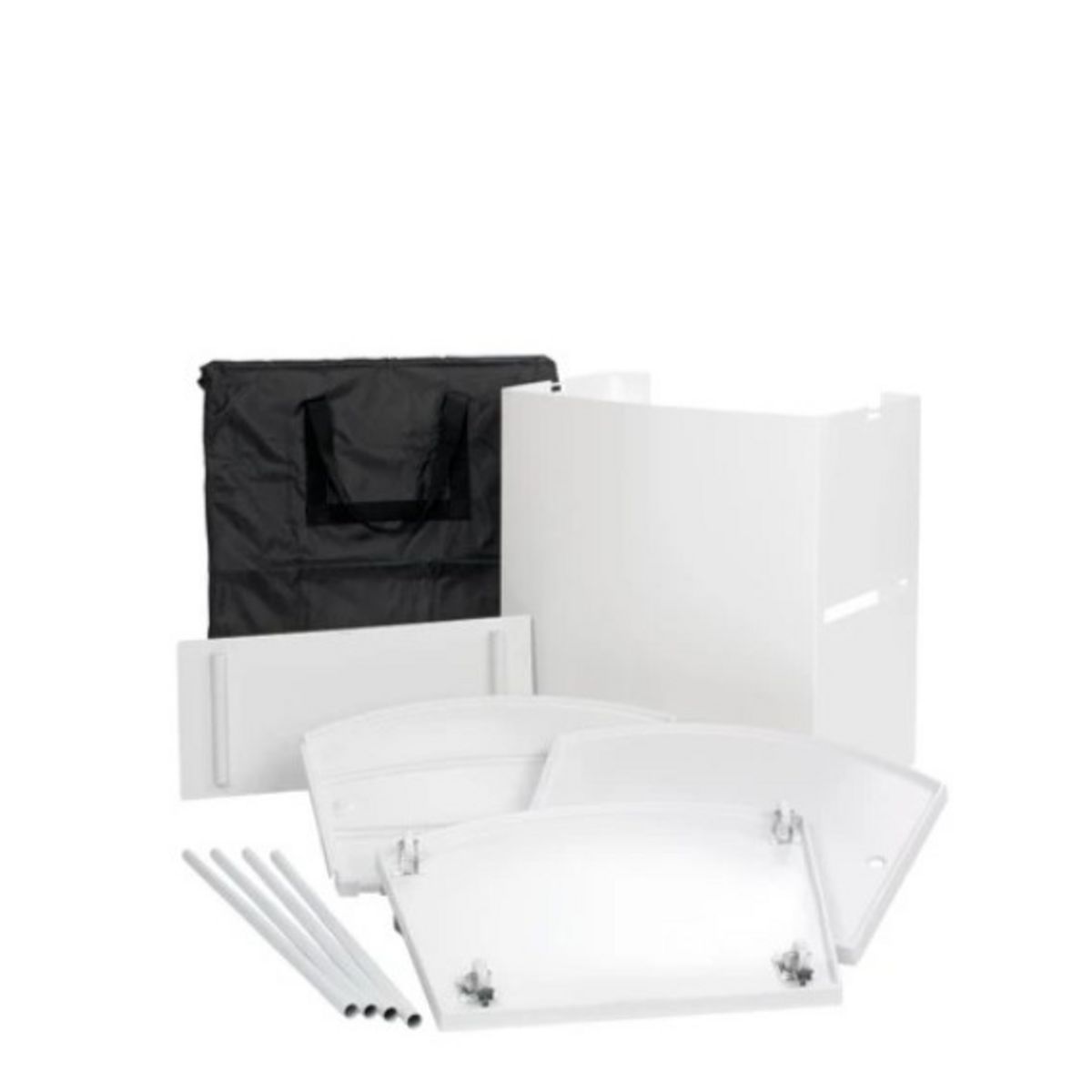 The complete set of Motion promotional display counter parts including Rigid top, top, shelf, bottom, body panel, pole set (four pieces) P, header, wheels and carry bag.jpg