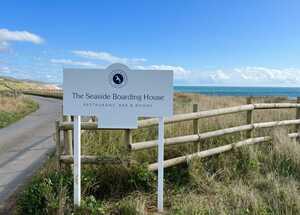 Wooden Post Mounted Aluminium Panel Sign for Coastal Business, The Seaside Boarding House Wooden Post Mounted Aluminium Panel Sign for Coastal Business, The Seaside Boarding House