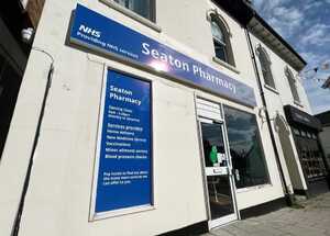 Completed Installation of a new Aluminium Tray Sign & Window Decal for Seaton Pharmacy