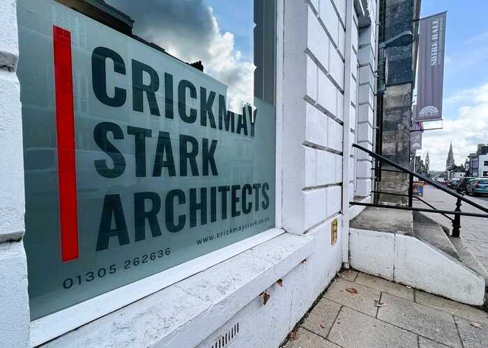 Crickmay Stark Architects Cut Vinyl Window Frosting With Logo - Flood Silver Etch Layer With Logo Cut Out & Infiilled With Dark Grey & Red Stripe