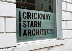 Crickmay Stark Architects Cut Vinyl Window Frosting With Logo - Flood Silver Etch Layer With Logo Cut Out & Infiilled With Dark Grey & Red Stripe Before Infill